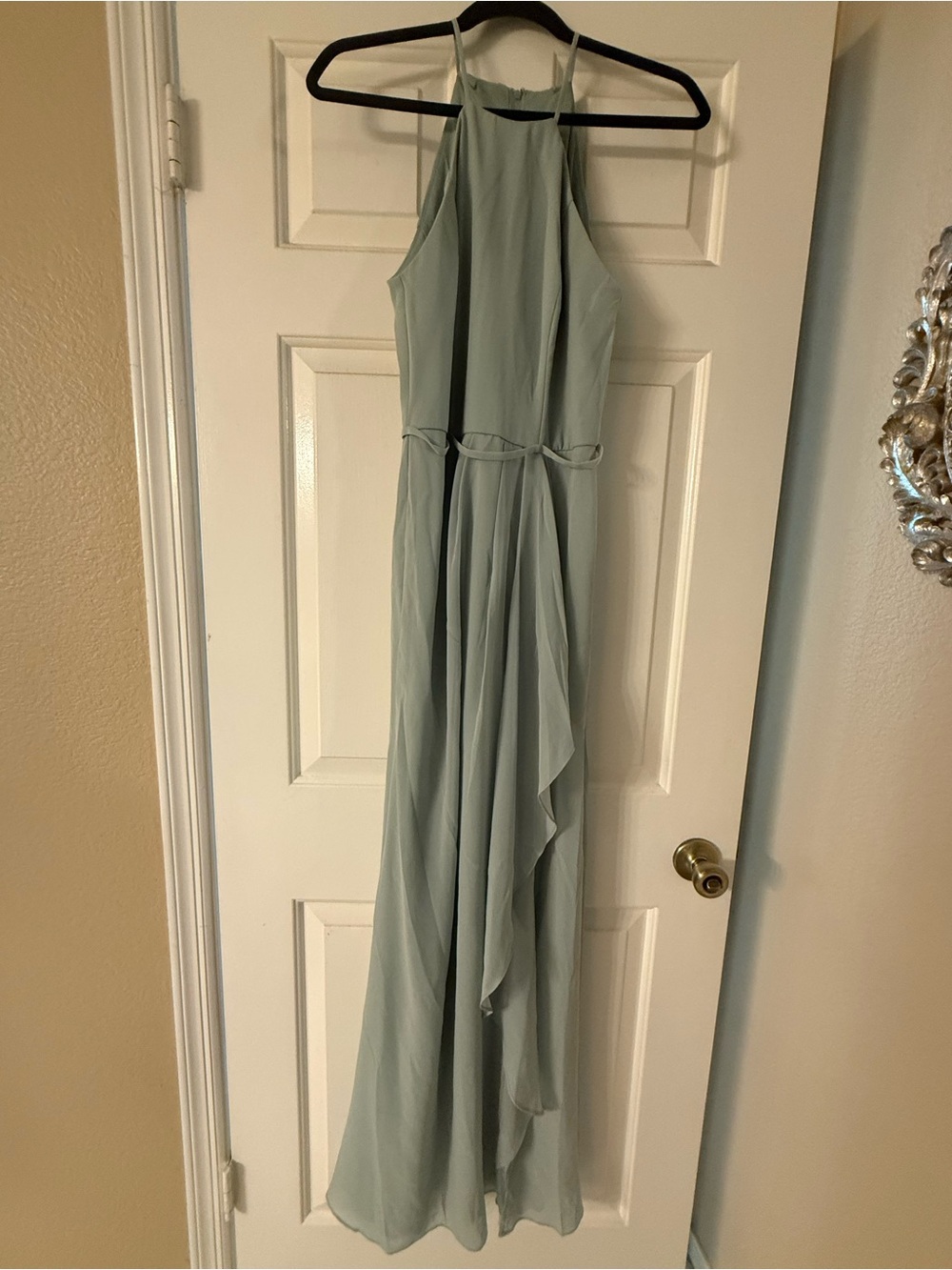David's Bridal Dusty Sage Halter Chiffon Maxi Dress